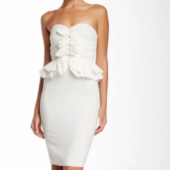 Jill Stuart Strapless Ruched Peplum Bow Sheath White‎ Dress Sz 0 NWT - Picture 1 of 9